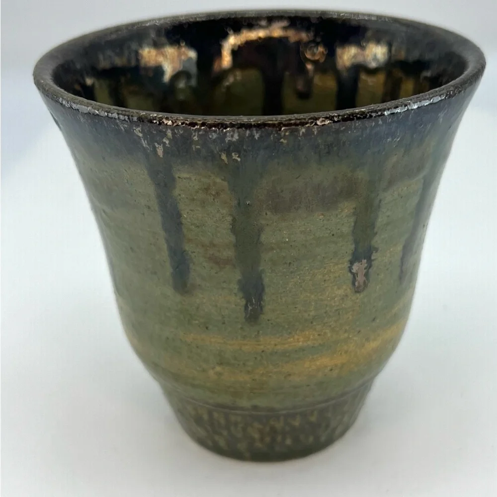Handmade Studio Pottery Planter Vase  Cup Green Drip Glaze Tumbler Artist Signed